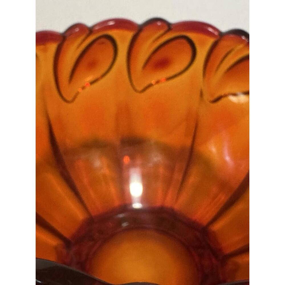 Indiana Tiara Ruby Cadmium Amberina UV Glow Glass Leaf Pattern Heavy Bowl MCM - Picture 3 of 8